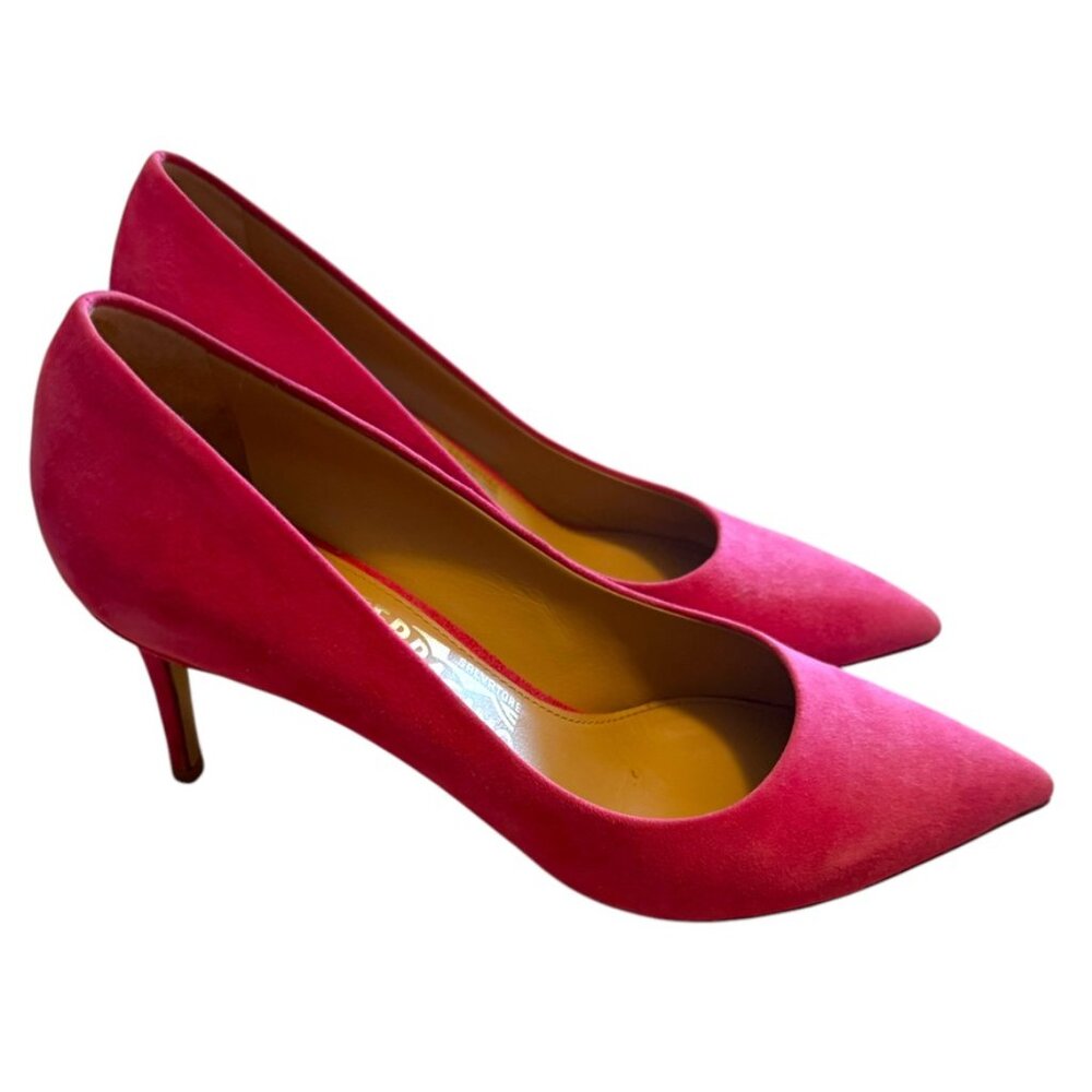 Salvatore Ferragamo Hot Pink 🔥 Suede Pumps Size 7.5 Kitten Heel Pointy toe - Picture 14 of 16